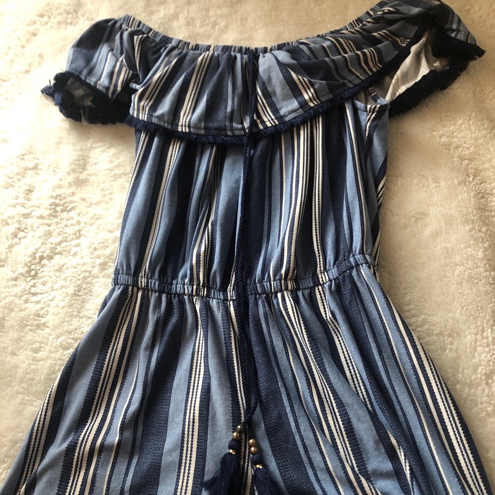 Striped cotton blue off the shoulder romper.